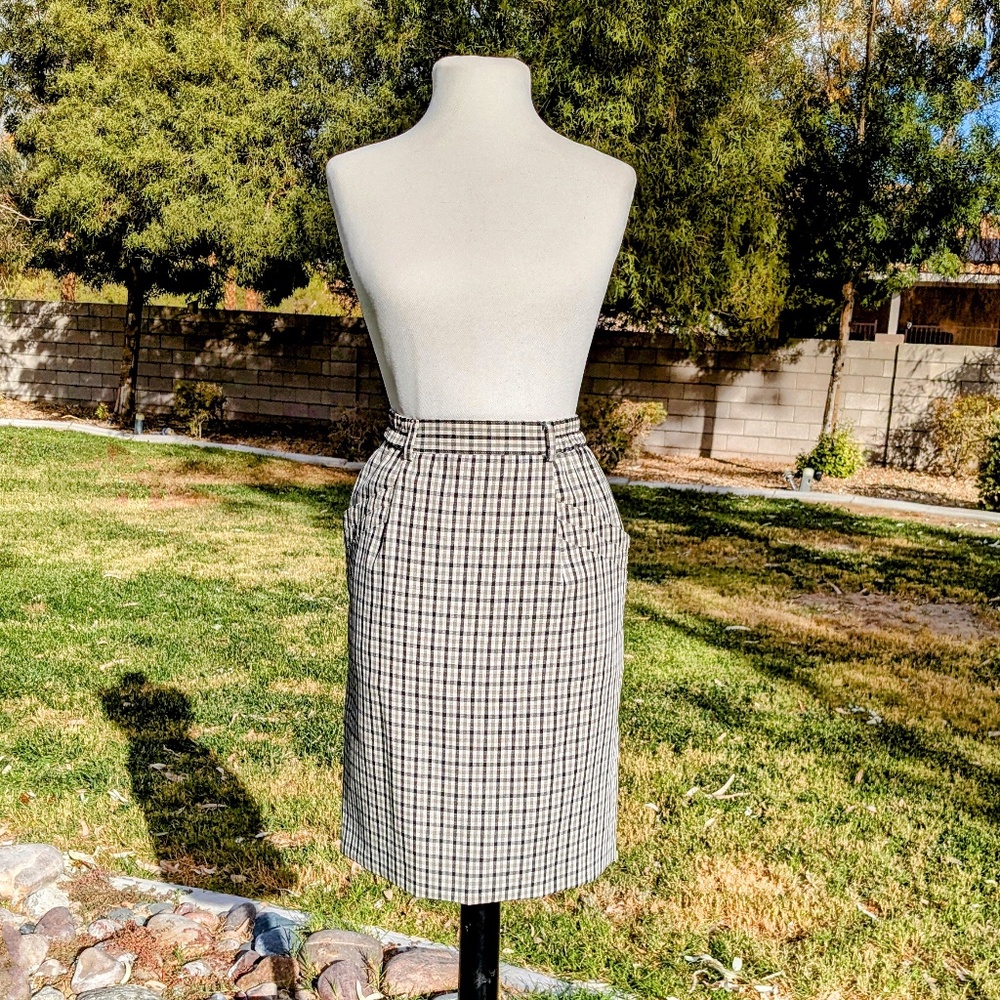 Sudo Vintage Japanese Ivory Plaid Stripes Sz 4 Petite w/Pockets Midi Skirt EUC